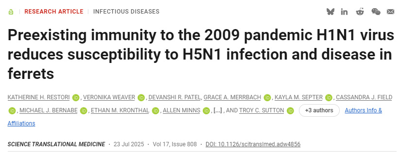 針對2009年甲型H1N1流感病毒的預(yù)存免疫力可減弱雪貂對H5N1感染的易感性及發(fā)病風(fēng)險(xiǎn)