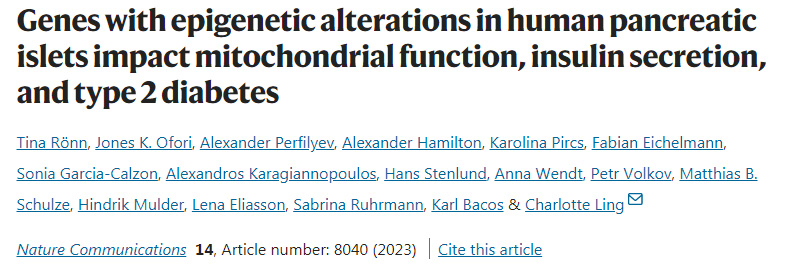 人類胰島表觀遺傳學(xué)改變的基因影響線粒體功能、胰島素分泌和2型糖尿病