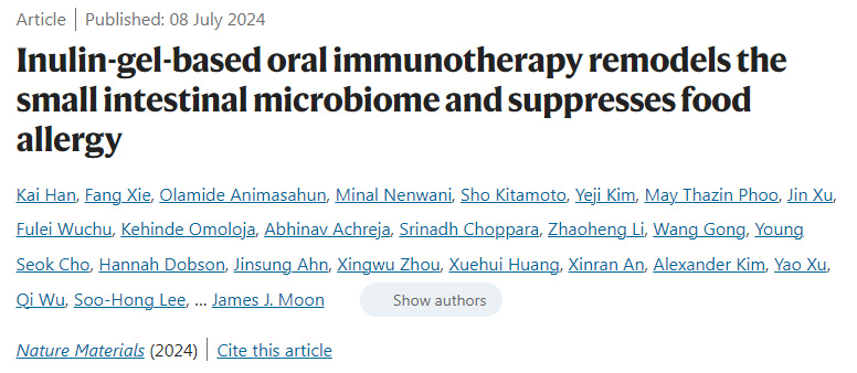 基于菊粉凝膠的口服免疫療法重塑小腸微生物群并抑制食物過敏 基于菊粉凝膠的口服免疫療法重塑小腸微生物群并抑制食物過敏